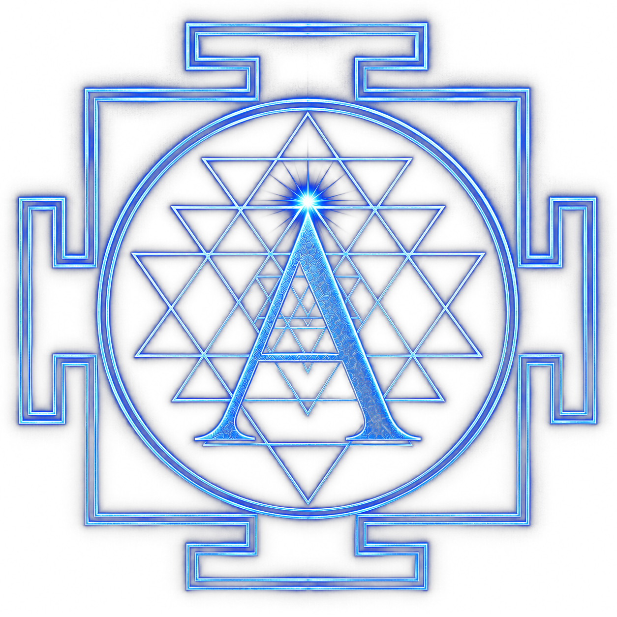 Anandoham brand mark — blue A within a Sri Yantra