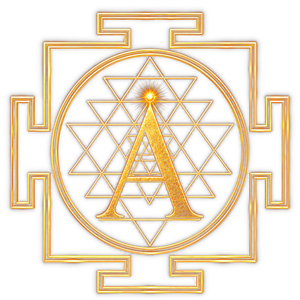 Anandoham brand mark — gold A within a Sri Yantra